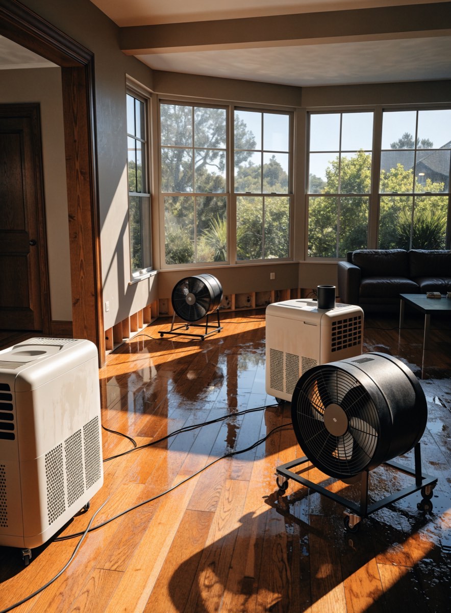 Commercial dehumidifiers and air movers drying a living room with a wet hardwood floor